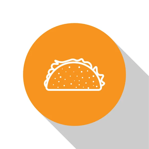 Taco blanc avec icône tortilla isolée sur fond blanc. Restauration rapide mexicaine traditionnelle. Bouton rond orange. Illustration vectorielle — Image vectorielle