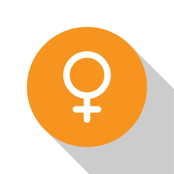 White Female gender symbol icon isolated on white background. Venus symbol. The symbol for a female organism or woman. Orange circle button. Vector Illustration — Stock Vector