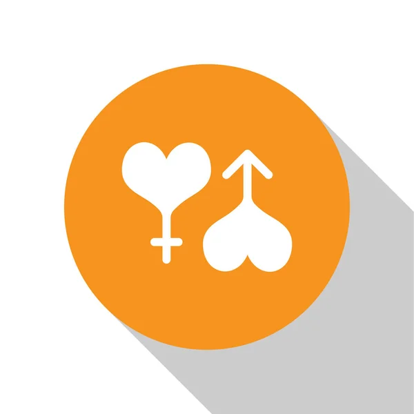 Witte mannelijke en vrouwelijke symbool hart pictogram geïsoleerd op witte achtergrond. Geslacht symbool. Oranje cirkel knop. Vector illustratie — Stockvector