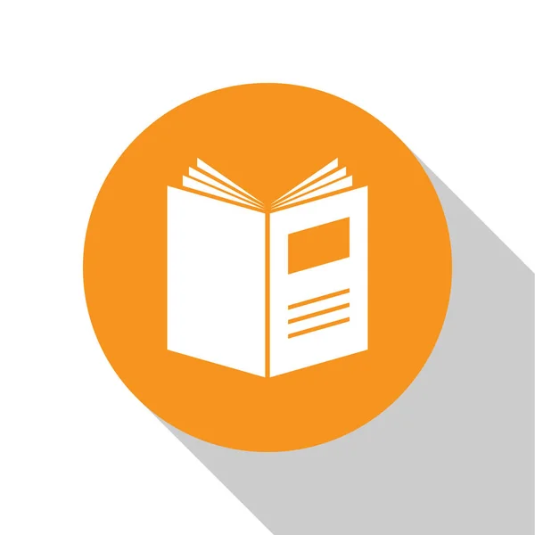 Blanco Icono de libro abierto aislado sobre fondo blanco. Botón círculo naranja. Ilustración vectorial — Archivo Imágenes Vectoriales