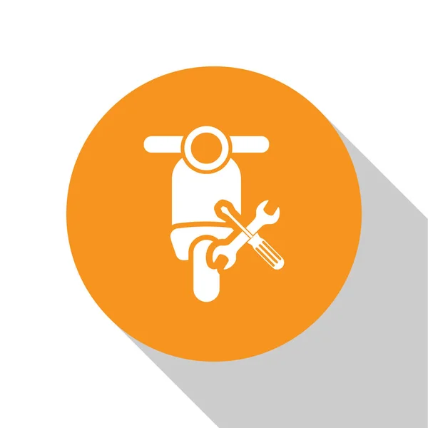 白色滑板车与螺丝刀和扳手图标隔离在白色背景上。调整、维修、设置、维护、修理、修理。橙色圆圈按钮。矢量插图 — 图库矢量图片
