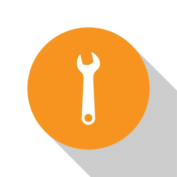 White Wrench icon isolated on white background. Spanner repair tool. Service tool symbol. Orange circle button. Vector Illustration — Stock Vector