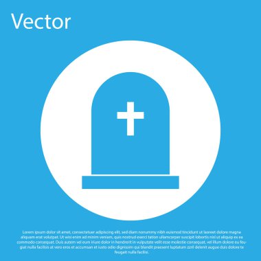 Mavi arka plan üzerinde izole çapraz simge ile Mavi Tombstone. Mezar simgesi. Beyaz daire düğmesi. Düz tasarım. Vektör İllüstrasyonu