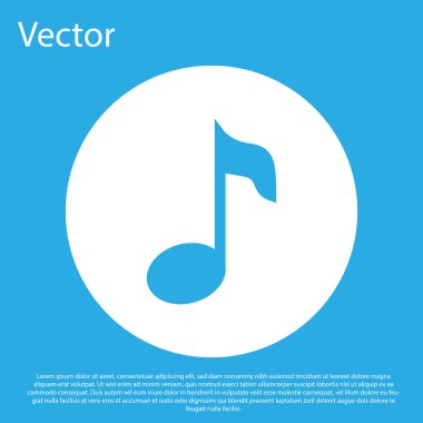 Mavi Müzik notası, mavi arka planda yalıtılmış ton simgesi. Beyaz daire düğmesi. Düz tasarım. Vektör İllüstrasyonu