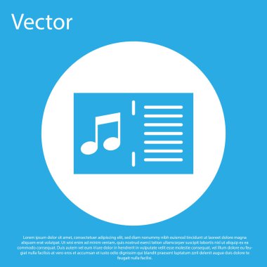 Mavi arka plan üzerinde izole not simgesi ile Blue Music kitap. Nota stave ile müzik sayfası. Not defteri, notalar için. Beyaz daire düğmesi. Düz tasarım. Vektör İllüstrasyonu