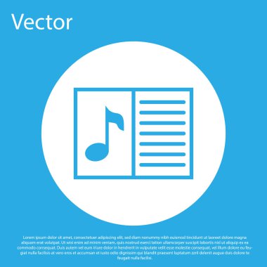 Mavi arka plan üzerinde izole not simgesi ile Blue Music kitap. Nota stave ile müzik sayfası. Not defteri, notalar için. Beyaz daire düğmesi. Düz tasarım. Vektör İllüstrasyonu