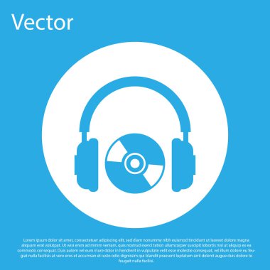 Mavi arka planda yalıtılmış Mavi Kulaklıklar ve Cd veya Dvd simgesi. Kulaklık işareti. Kompakt disk simgesi. Beyaz daire düğmesi. Düz tasarım. Vektör İllüstrasyonu