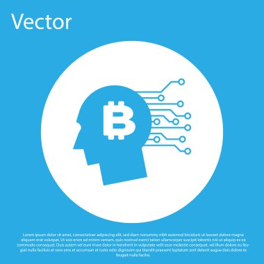 Mavi Bitcoin simgesi mavi arka plan üzerinde izole düşünüyorum. Kripto para birimi başkanı. Blockchain teknolojisi, bitcoin, dijital para piyasası, kripto para cüzdanı. Beyaz daire düğmesi. Düz tasarım. Vektör İllüstrasyonu