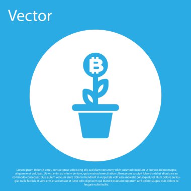 Mavi arka plan üzerinde izole pot simgesi mavi Bitcoin bitki. İş yatırım büyüme kavramı. Blockchain teknolojisi, kripto para madenciliği. Beyaz daire düğmesi. Düz tasarım. Vektör İllüstrasyonu