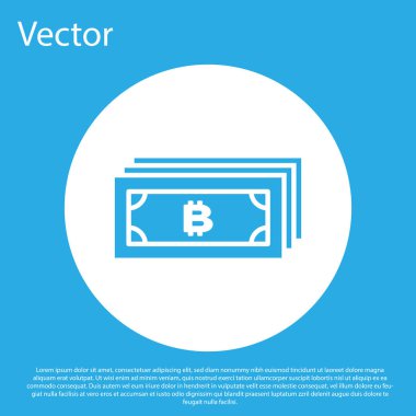 Mavi arka plan üzerinde mikroçip devre simgesi ile daire içinde Mavi Cryptocurrency kavramı bitcoin. Blockchain teknolojisi, dijital para piyasası. Beyaz daire düğmesi. Düz tasarım. Vektör İllüstrasyonu