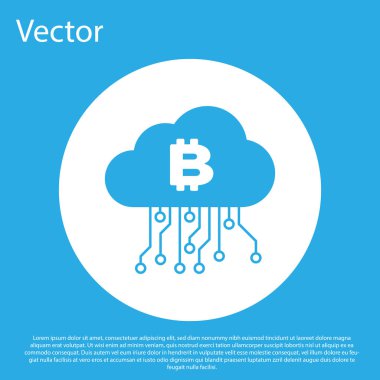Mavi arka planda yalıtılmış Mavi Cryptocurrency bulut madenciliği simgesi. Blockchain teknolojisi, bitcoin, dijital para piyasası, kripto para cüzdanı. Beyaz daire düğmesi. Düz tasarım. Vektör İllüstrasyonu