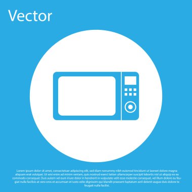 Mavi arka planda yalıtılmış Mavi Mikrodalga fırın simgesi. Ev aletleri simgesi. Beyaz daire düğmesi. Vektör İllüstrasyonu
