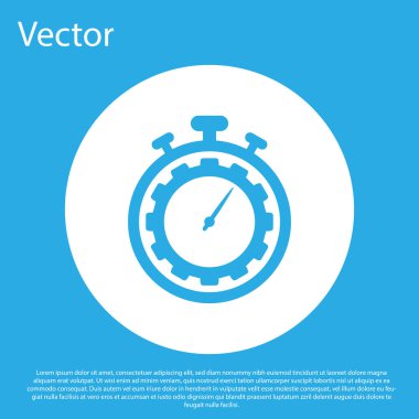 Mavi arka planda yalıtılmış Mavi Zaman Yönetimi simgesi. Saat ve dişli işareti. Verimlilik sembolü. Beyaz daire düğmesi. Vektör İllüstrasyonu
