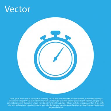 Mavi arka planda yalıtılmış Mavi Kronometre simgesi. Zaman layıcı işareti. Kronometre işareti. Beyaz daire düğmesi. Vektör İllüstrasyonu