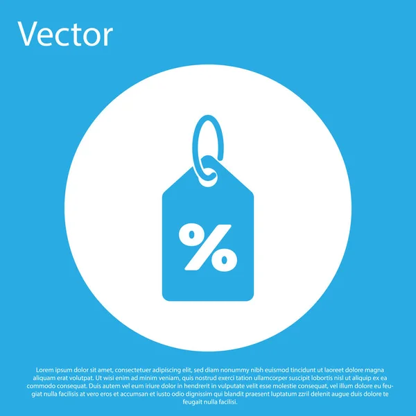 Blaues Discount Prozentsymbol auf blauem Hintergrund. Das Schild mit dem Shopping-Tag. Sonderangebotsschild. Rabattgutscheine. Weißer Kreis-Knopf. Vektorillustration — Stockvektor