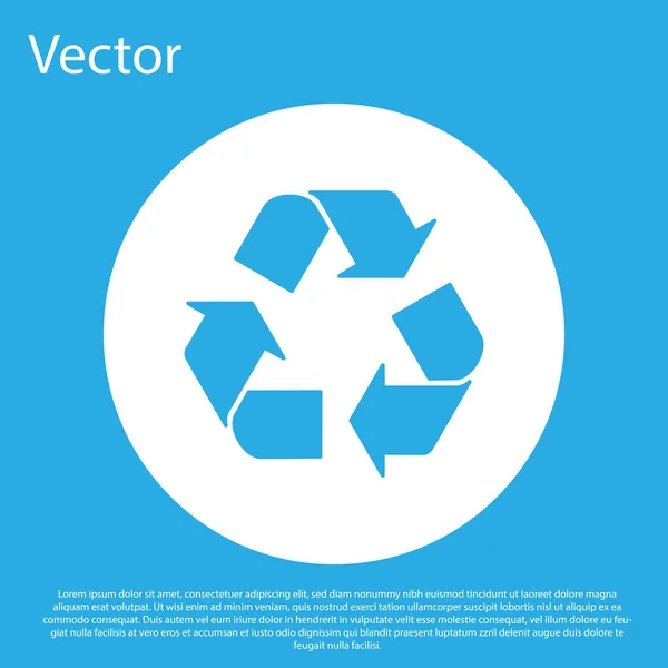 Ícone de símbolo de reciclagem azul isolado no fundo azul. Ícone de seta circular. Meio ambiente reciclável ficar verde. Botão de círculo branco. Ilustração vetorial — Vetor de Stock