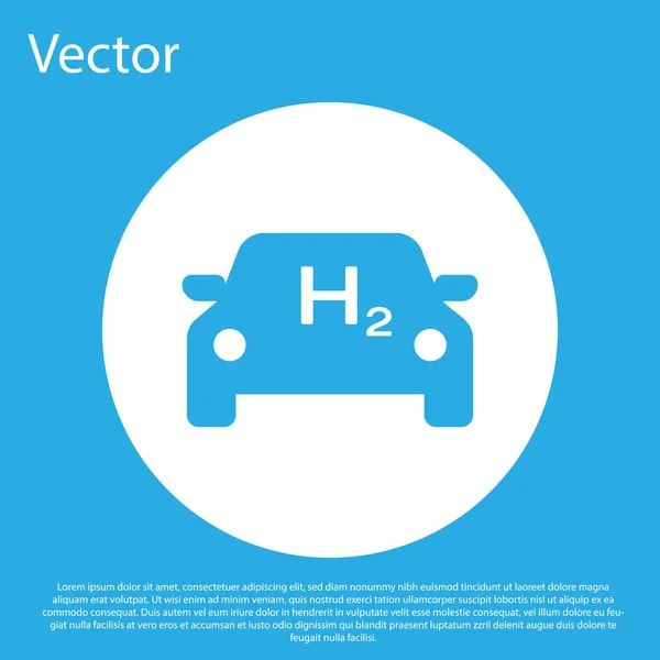 Icono del coche Blue Hydrogen aislado sobre fondo azul. Señal de la estación H2. Coche de pila de combustible de hidrógeno respetuoso con el medio ambiente cero emisiones. Botón círculo blanco. Ilustración vectorial — Vector de stock