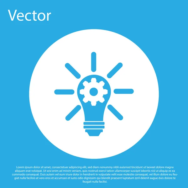 Blue Light bulb with rays shine and gear inside icon isolated on blue background. Innovation concept. White circle button. Vector Illustration — Stock Vector
