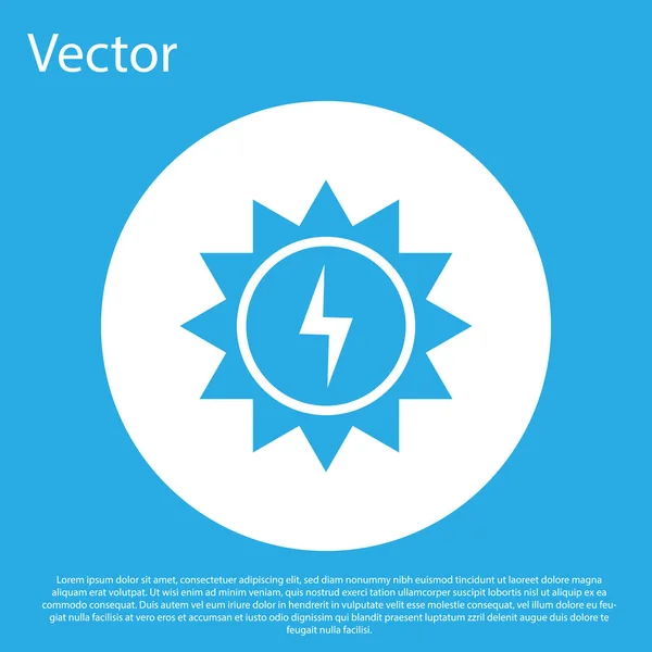 Ícone do painel de energia solar azul isolado no fundo azul. Sol com símbolo de relâmpago. Botão de círculo branco. Ilustração vetorial — Vetor de Stock