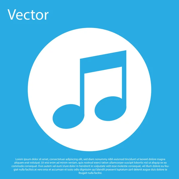 Nota de música azul, icono de tono aislado sobre fondo azul. Botón círculo blanco. Diseño plano. Ilustración vectorial — Vector de stock