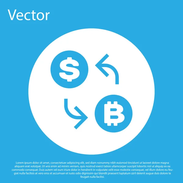 Icono de cambio de criptomoneda azul aislado sobre fondo azul. Bitcoin al icono de cambio de dólar. Tecnología criptomoneda, banca móvil. Botón círculo blanco. Diseño plano. Ilustración vectorial — Archivo Imágenes Vectoriales