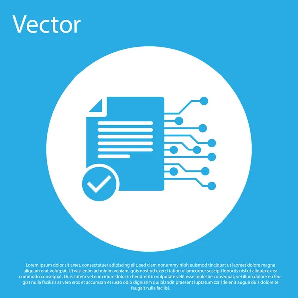 Icono de contrato de Blue Smart aislado sobre fondo azul. Tecnología de cadena de bloques, minería criptomoneda, bitcoin, altcoins, mercado de dinero digital. Botón círculo blanco. Diseño plano. Ilustración vectorial — Vector de stock