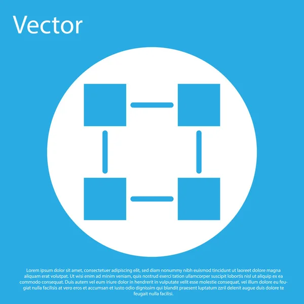 Ícone de tecnologia Blue Blockchain isolado no fundo azul. Sinal de dados criptomoeda. Abstrato geométrico bloco cadeia negócio de tecnologia de rede. Botão de círculo branco. Design plano. Ilustração vetorial — Vetor de Stock