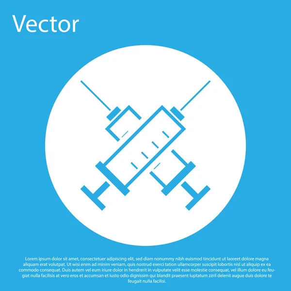 Ícone de seringa Blue Crossed isolado no fundo azul. Seringa para vacina, vacinação, injeção, injeção de gripe. Equipamento médico. Botão de círculo branco. Design plano. Ilustração vetorial — Vetor de Stock