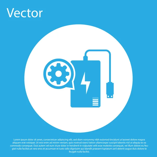 Banco di alimentazione blu con cavo di ricarica e icona dell'ingranaggio isolato su sfondo blu. Regolazione app, concetto di servizio, opzioni di impostazione, manutenzione, riparazione. Pulsante cerchio bianco. Illustrazione vettoriale — Vettoriale Stock