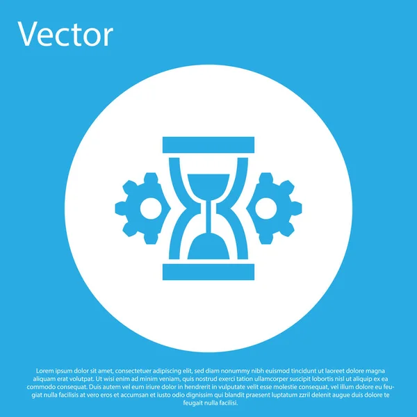Blaue Sanduhr und Getriebesymbol auf blauem Hintergrund. Zeitmanagement-Symbol. Uhr und Getriebesymbol. Produktivitätssymbol. weißer Kreis-Knopf. Vektorillustration — Stockvektor