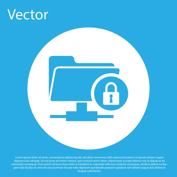 Dossier FTP bleu et icône de verrouillage isolés sur fond bleu. Concept de mise à jour logicielle, protocole de transfert ftp. Sécurité, sûreté, concept de protection. Bouton rond blanc. Illustration vectorielle — Image vectorielle