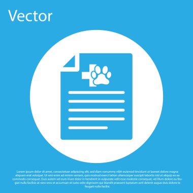 Mavi arka planda izole köpek veya kedi simgesi ile seyahat için Mavi Tıp sertifikası. Evcil hayvan için belge. Köpek ya da kedi pençesi izi. Beyaz daire düğmesi. Vektör İllüstrasyonu