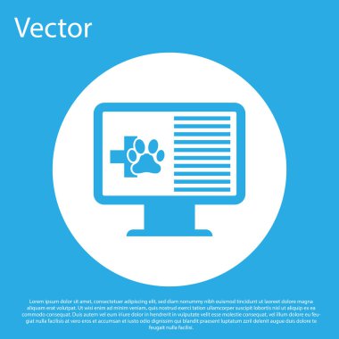 Mavi arka plan üzerinde izole monitör simgesi üzerinde Blue Medical klinik kayıt pet. Sağlık sigortası formu. Reçete, tıbbi kontrol izleri raporu. Beyaz daire düğmesi. Vektör İllüstrasyonu