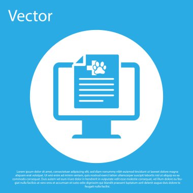 Mavi arka plan üzerinde izole monitör simgesi üzerinde Blue Medical klinik kayıt pet. Sağlık sigortası formu. Reçete, tıbbi kontrol izleri raporu. Beyaz daire düğmesi. Vektör İllüstrasyonu