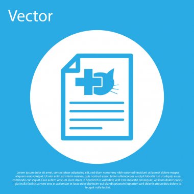 Mavi arka planda izole köpek veya kedi simgesi ile seyahat için Mavi Tıp sertifikası. Evcil hayvan için belge. Beyaz daire düğmesi. Vektör İllüstrasyonu