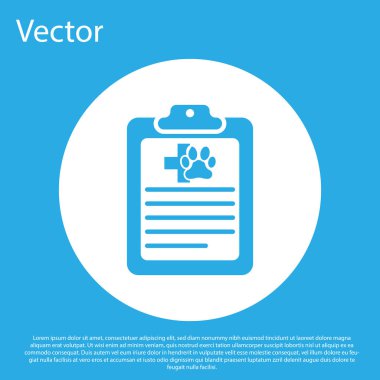 Mavi arka plan üzerinde izole tıbbi klinik kayıt pet simgesi ile Mavi Pano. Sağlık sigortası formu. Tıbbi kontrol işaretleri raporu. Beyaz daire düğmesi. Vektör İllüstrasyonu