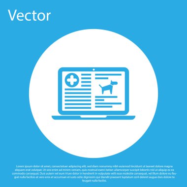 Mavi arka plan üzerinde izole dizüstü simge üzerinde Blue Medical klinik kayıt köpek. Sağlık sigortası formu. Reçete, tıbbi kontrol izleri raporu. Beyaz daire düğmesi. Vektör İllüstrasyonu