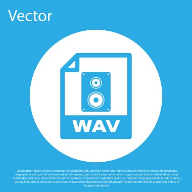 Mavi Wav dosya belge simgesi. Mavi arka planda yalıtılmış wav düğmesi simgesini indirin. Dijital ses riff dosyaları için Wav waveform ses dosyası formatı. Beyaz daire düğmesi. Vektör İllüstrasyonu