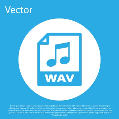 Mavi Wav dosya belge simgesi. Mavi arka planda yalıtılmış wav düğmesi simgesini indirin. Dijital ses riff dosyaları için Wav waveform ses dosyası formatı. Beyaz daire düğmesi. Vektör İllüstrasyonu