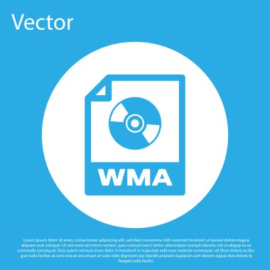 Mavi Wma dosya belge simgesi. Mavi arka planda yalıtılmış wma düğmesi simgesini indirin. Wma dosya sembolü. Wma müzik formatı işareti. Beyaz daire düğmesi. Vektör İllüstrasyonu