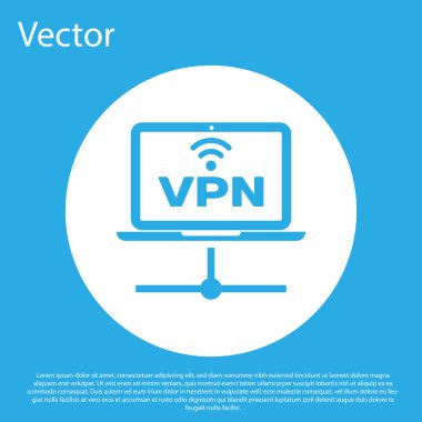 Mavi arka planda yalıtılmış Mavi Vpn Bilgisayar ağ simgesi. Dizüstü bilgisayar ağı. İnternet bağlantısı. Beyaz daire düğmesi. Vektör İllüstrasyonu