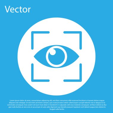Mavi arka plan da yalıtılmış Mavi Göz tarama simgesi. Tarama gözü. Güvenlik kontrolü sembolü. Siber göz işareti. Beyaz daire düğmesi. Vektör İllüstrasyonu