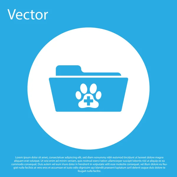 Blue Medical veterinary record folder icon isolated on blue background. Dog or cat paw print. Document for pet. Patient file icon. White circle button. Vector Illustration