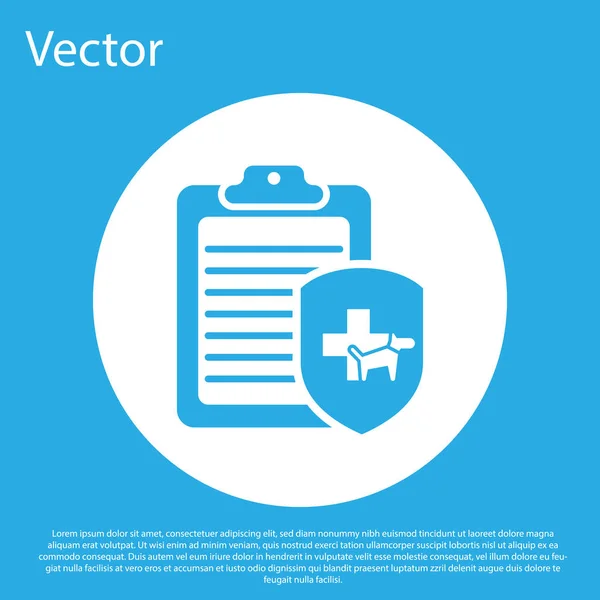 Appunti blu con icona dell'animale domestico con cartella clinica isolata su sfondo blu. Modulo di assicurazione sanitaria. Segnalazione segni medici. Pulsante cerchio bianco. Illustrazione vettoriale — Vettoriale Stock