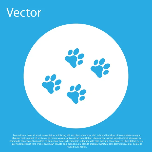 青い背景に分離された青い足の印刷アイコン。犬や猫の足のプリント。アニマルトラック白い円のボタン。ベクトルイラストレーション — ストックベクタ