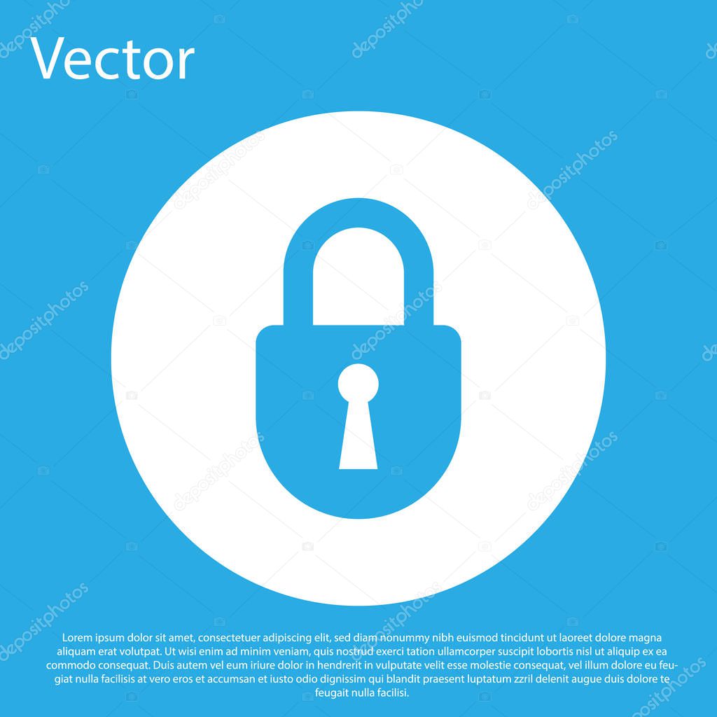 Blue Lock icon isolated on blue background. Padlock sign. Security, safety, protection, privacy concept. White circle button. Vector Illustration