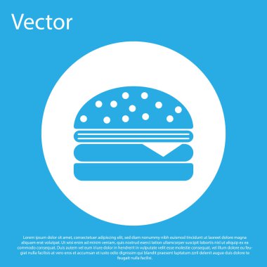 Mavi arka planda izole Mavi Burger simgesi. Hamburger simgesi. Cheeseburger sandviç işareti. Beyaz daire düğmesi. Vektör İllüstrasyonu