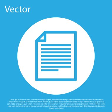 Mavi arka planda yalıtılmış Mavi Belge simgesi. Dosya simgesi. Denetim listesi simgesi. İş konsepti. Beyaz daire düğmesi. Düz tasarım. Vektör İllüstrasyonu