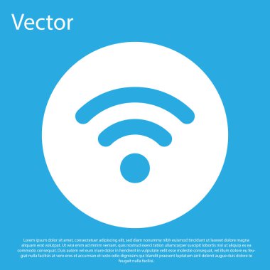Mavi arka planda yalıtılmış Mavi Wi-Fi kablosuz internet ağı simgesi. Beyaz daire düğmesi. Düz tasarım. Vektör İllüstrasyonu
