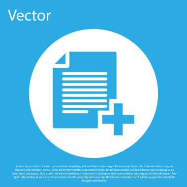 Mavi Mavi arka planda yalıtılmış yeni dosya simgesi ekleyin. Belge simgesini kopyalayın. Beyaz daire düğmesi. Düz tasarım. Vektör İllüstrasyonu